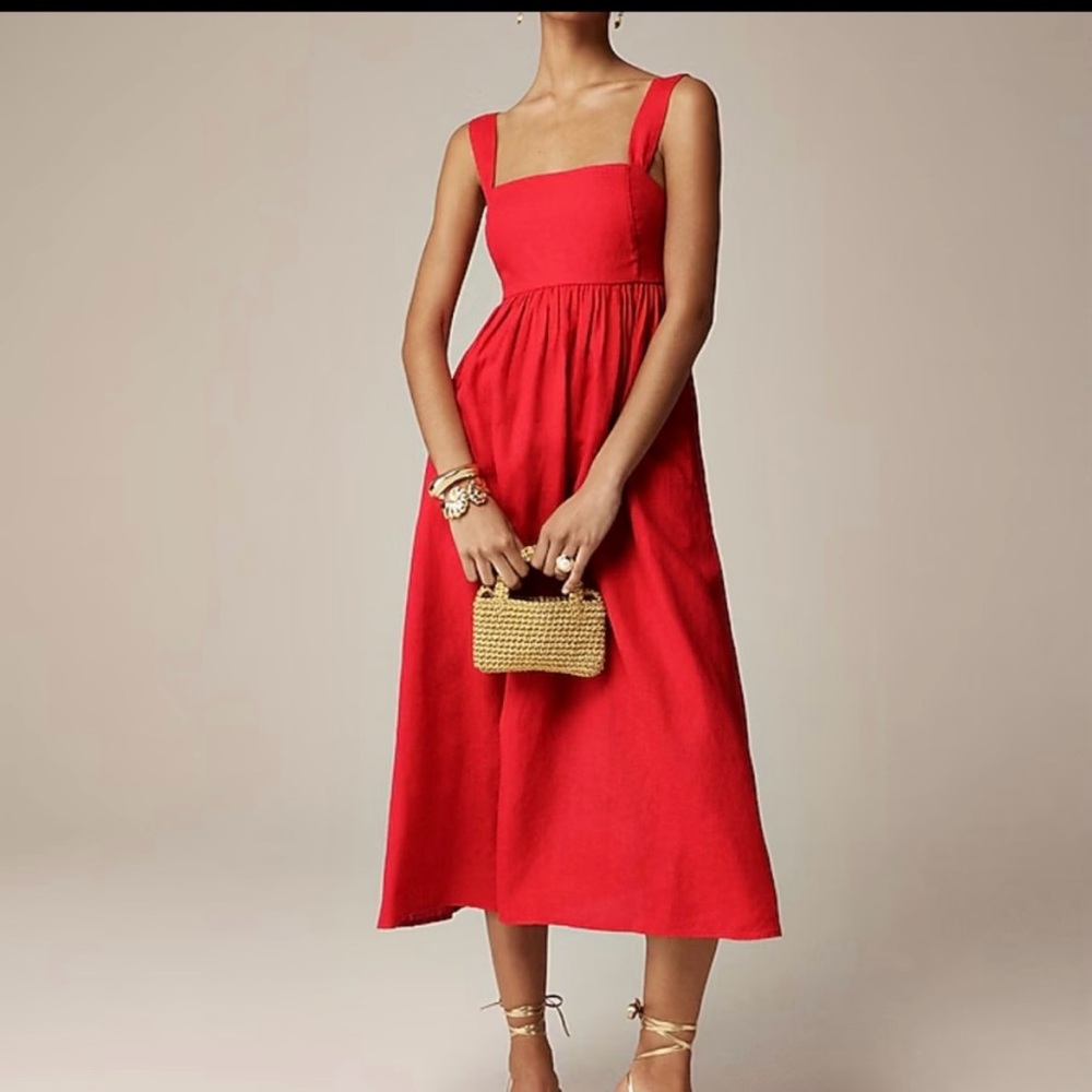 J. Crew RedSleeveless linen Square Neck Midi Sundress